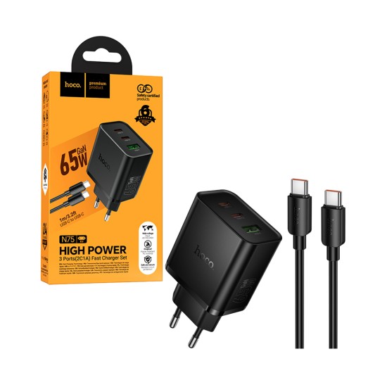 Hoco Adapter N75 Grande 3 Ports 1 USB+2 Type-C PD 65W Gan with Cable (Type-C to Type-C) Black